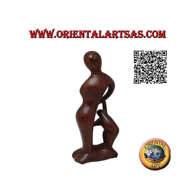 20 cm sculpture of a mother with a child in her hand and a newborn on her lap in suar wood