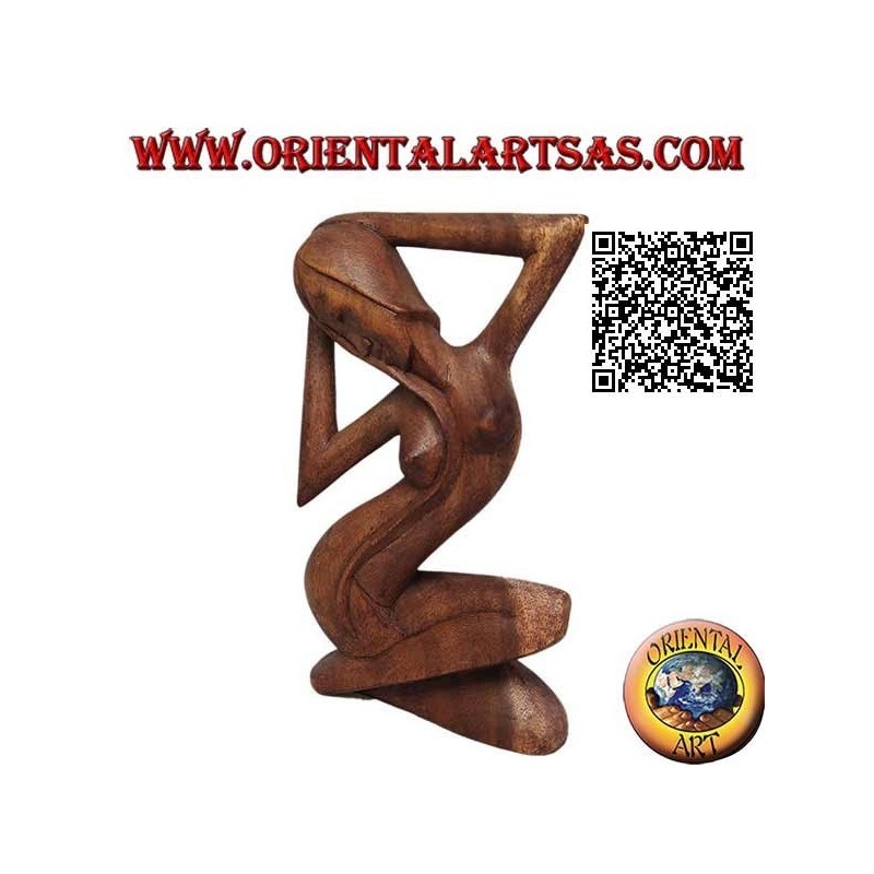 Scultura di una donna sensuale nuda a gambe incrociate e capelli lunghi, in legno di suar da 21 cm