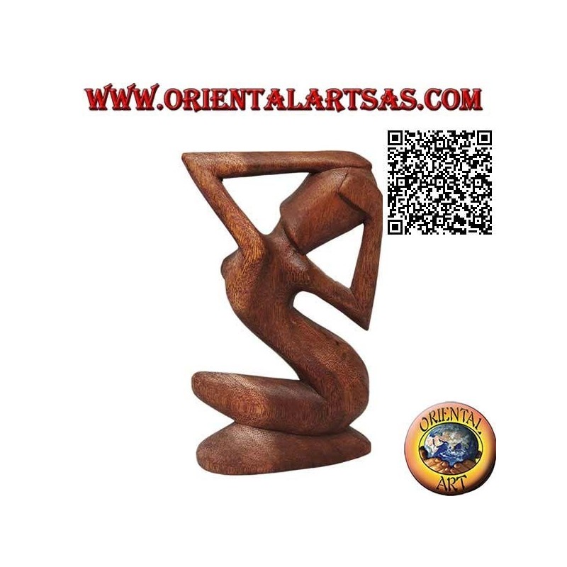 Scultura di una donna sensuale nuda a gambe incrociate e capelli lunghi, in legno di suar da 21 cm