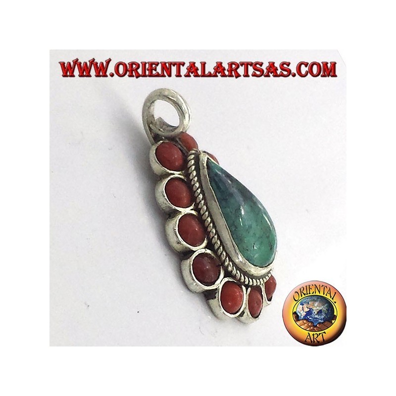 Silber Anhänger mit natürlicher Türkis Teardrop, und Korallen