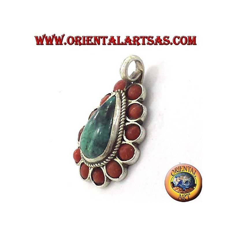 Silver Pendant with Natural Turquoise teardrop, and coral