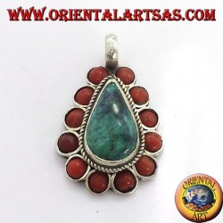 Silver Pendant with Natural Turquoise teardrop, and coral