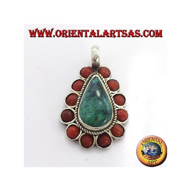 Silver Pendant with Natural Turquoise teardrop, and coral