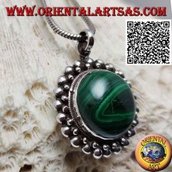 Silver pendant with natural round malachite cabochon surrounded by a double row of balls