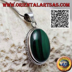 Silver pendant with large natural oval cabochon malachite surrounded by weaving