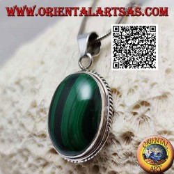 Silver pendant with large natural oval cabochon malachite surrounded by weaving