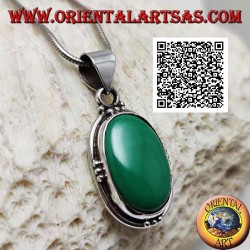 Silver pendant with natural oval malachite on smooth setting with trio of balls on the four cardinal points
