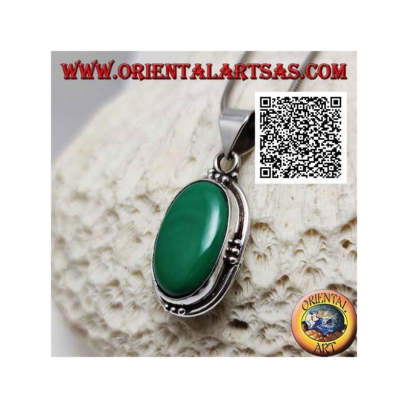 Silver pendant with natural oval malachite on smooth setting with trio of balls on the four cardinal points