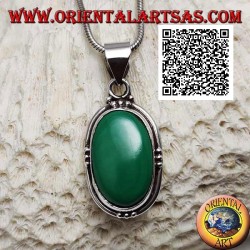 Silver pendant with natural oval malachite on smooth setting with trio of balls on the four cardinal points