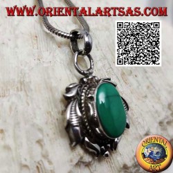 Pendentif en argent avec malachite ovale naturelle entourée de feuilles gravées