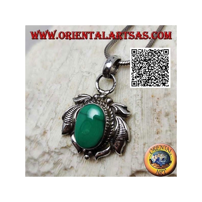 Silver pendant with natural oval malachite surrounded by engraved leaves