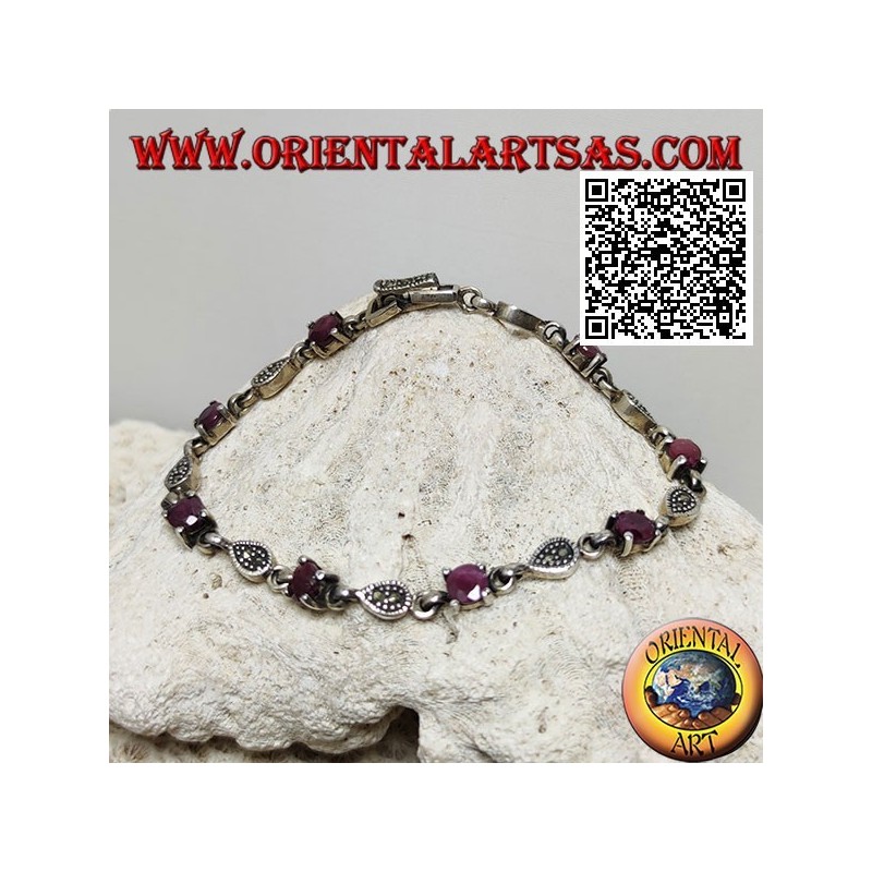 Silver bracelets with 8 natural round rubies set alternating with drops of marcasite