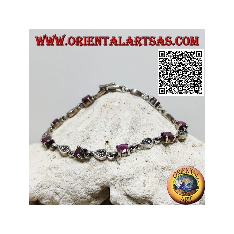 Silver bracelets with 8 natural round rubies set alternating with drops of marcasite