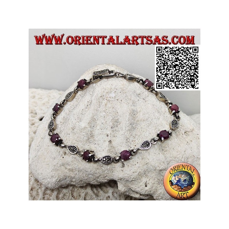 Bracelets en argent sertis de 8 rubis ronds naturels alternant avec des gouttes de marcassite