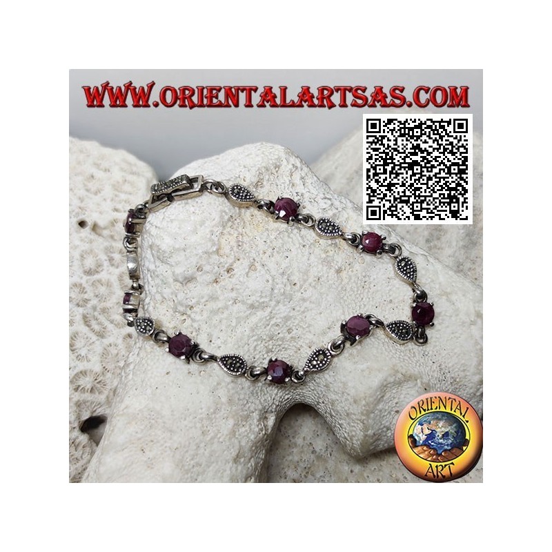 Pulseras de plata con 8 rubíes redondos naturales engastados alternando con gotas de marcasita