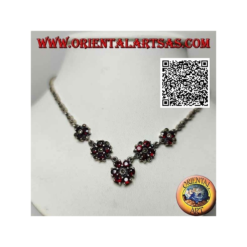 Halskette aus 925 ‰ silbernem, mit Markasit besetztem Halsband mit 5 runden Granatkreisen nacheinander