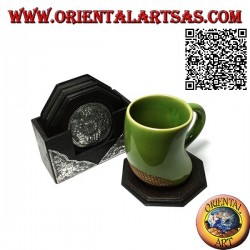 Ensemble de 6 dessous de verre octogonaux avec récipient en bois d'acajou et inserts en argent avec décorations florales (noir)