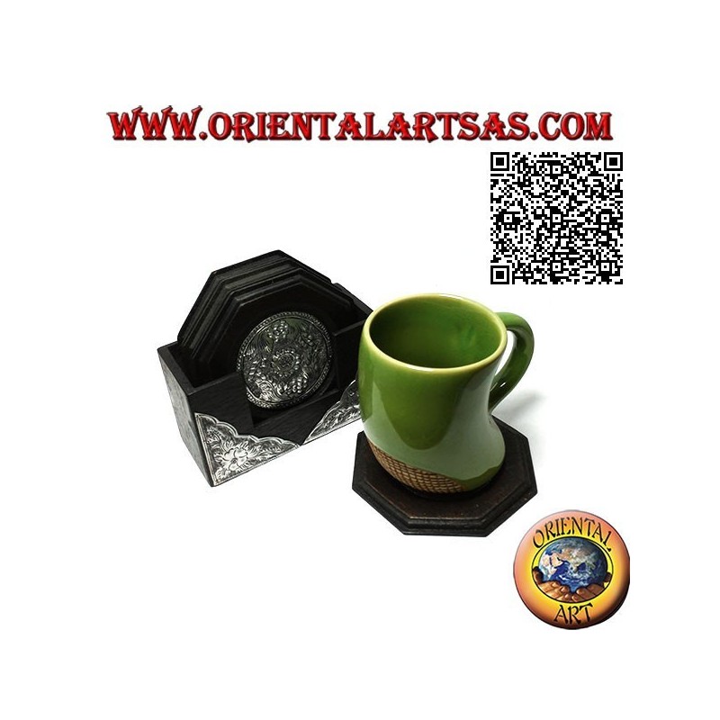 Ensemble de 6 dessous de verre octogonaux avec récipient en bois d'acajou et inserts en argent avec décorations florales (noir)