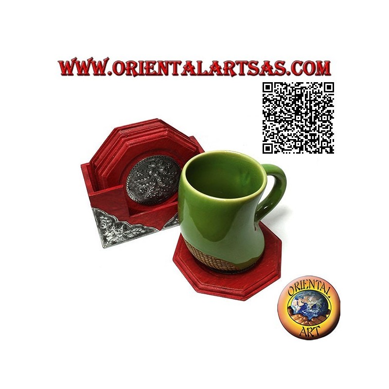 Ensemble de 6 dessous de verre octogonaux avec récipient en bois d'acajou et inserts en argent avec décorations florales (rouge)