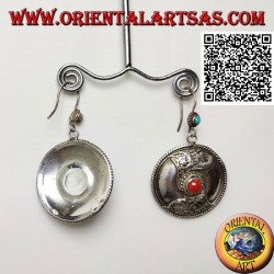 Silver shield earrings with central Tibetan coral and filigree decoration