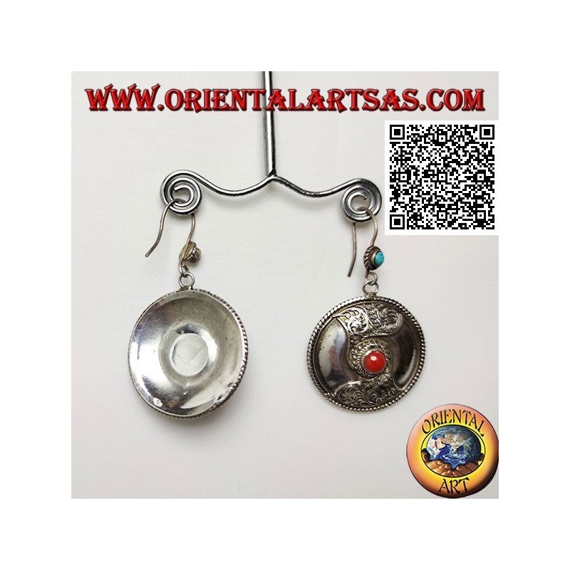 Silver shield earrings with central Tibetan coral and filigree decoration