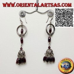 Silver hoop pendant earrings with umbrella underneath with hanging oval natural garnets