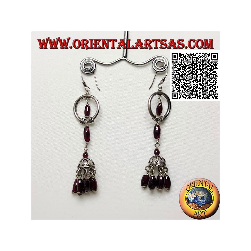 Silver hoop pendant earrings with umbrella underneath with hanging oval natural garnets