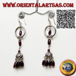 Silver hoop pendant earrings with umbrella underneath with hanging oval natural garnets