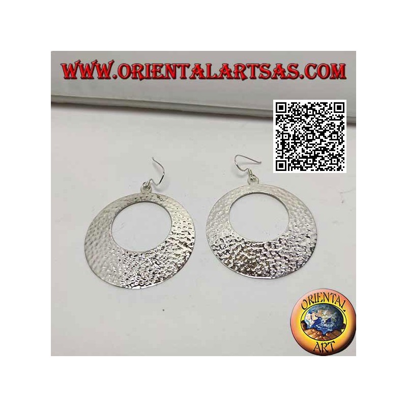 Hammered silver hoop pendant earrings with circular opening