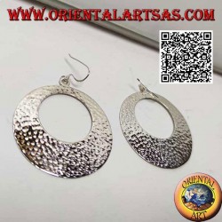 Hammered silver hoop pendant earrings with circular opening