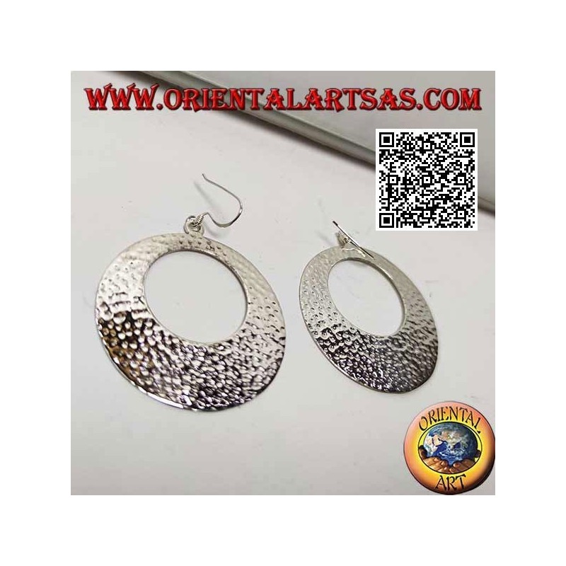 Hammered silver hoop pendant earrings with circular opening