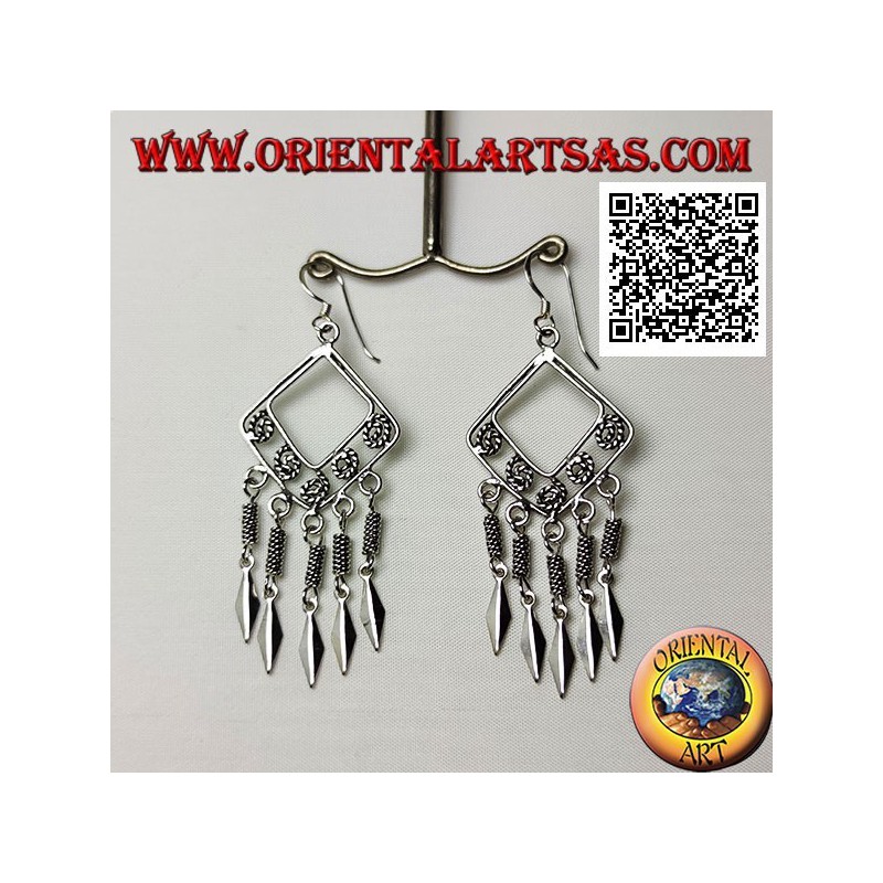 Silver earrings with rhombus strands with spirals intertwined inside and hanging spear points