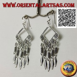 Silver earrings with rhombus strands with spirals intertwined inside and hanging spear points