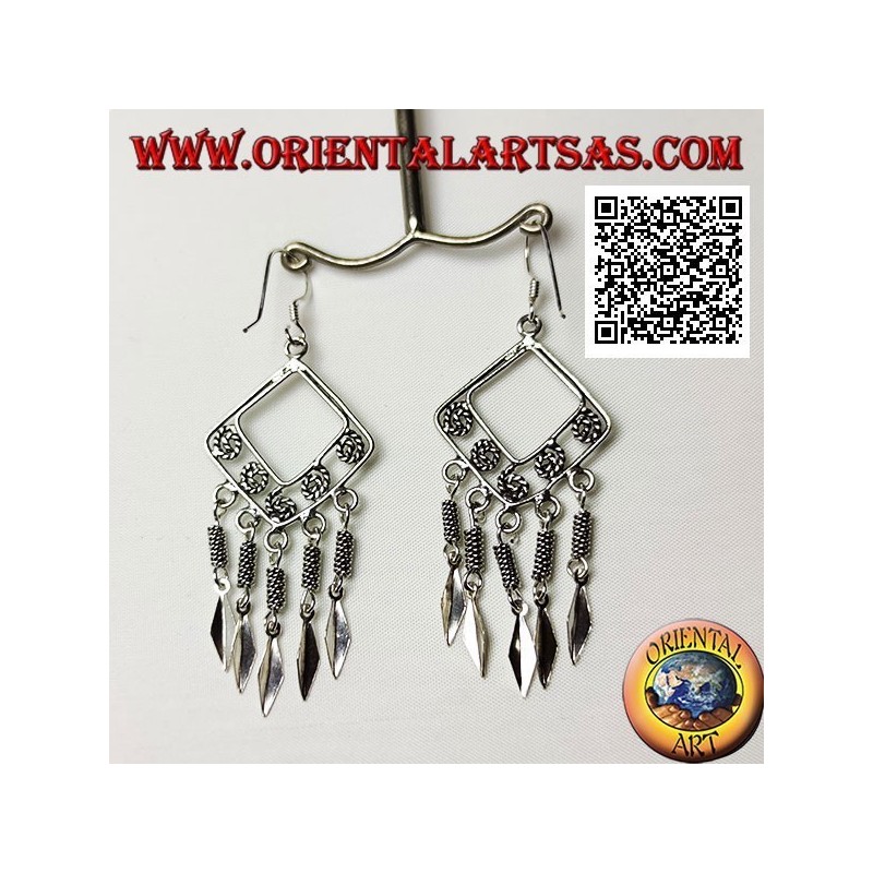 Silver earrings with rhombus strands with spirals intertwined inside and hanging spear points