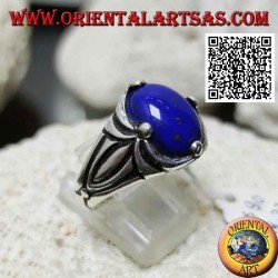 Silver ring with oval cabochon lapis lazuli set and engravings on the sides