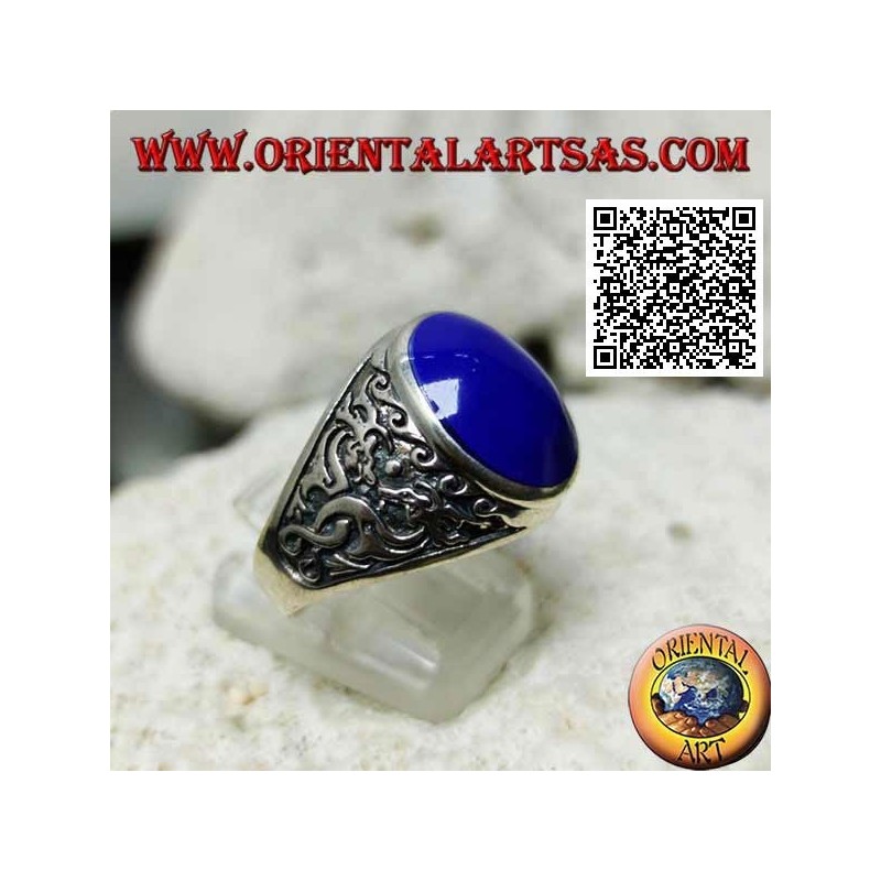 Silver ring with oval cabochon lapis lazuli and double Japanese dragon in bas-relief on the sides