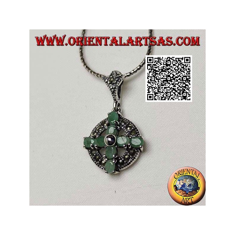 Silver pendant cross of 8 natural oval emeralds on a marcasite circle