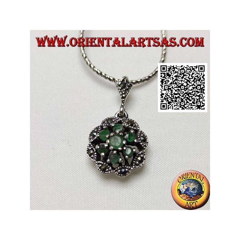 Silver daisy pendant with 6 +1 natural round emeralds on a marcasite cloud frame