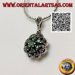Silver daisy pendant with 6 +1 natural round emeralds on a marcasite cloud frame
