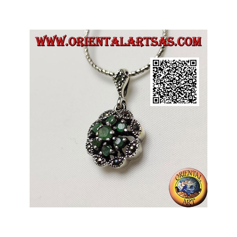 Silver daisy pendant with 6 +1 natural round emeralds on a marcasite cloud frame