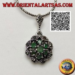 Silver daisy pendant with 6 +1 natural round emeralds on a marcasite cloud frame