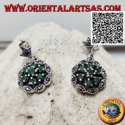Daisy silver earrings with 6 +1 natural round emeralds on a marcasite cloud frame