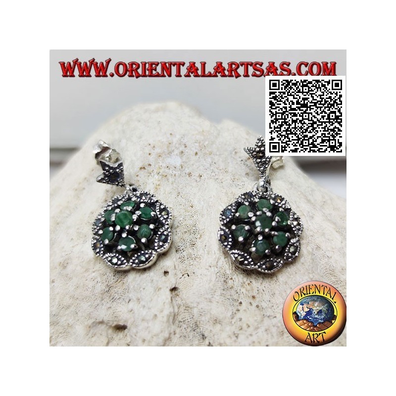 Daisy silver earrings with 6 +1 natural round emeralds on a marcasite cloud frame
