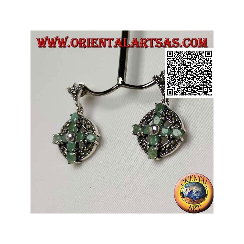 Silver earrings cross of 8 natural oval emeralds on a marcasite circle