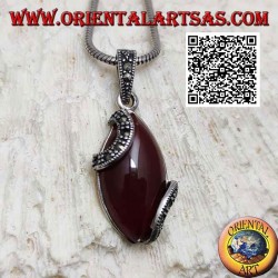 Silver pendant with cabochon shuttle carnelian and two marcasite semicircles