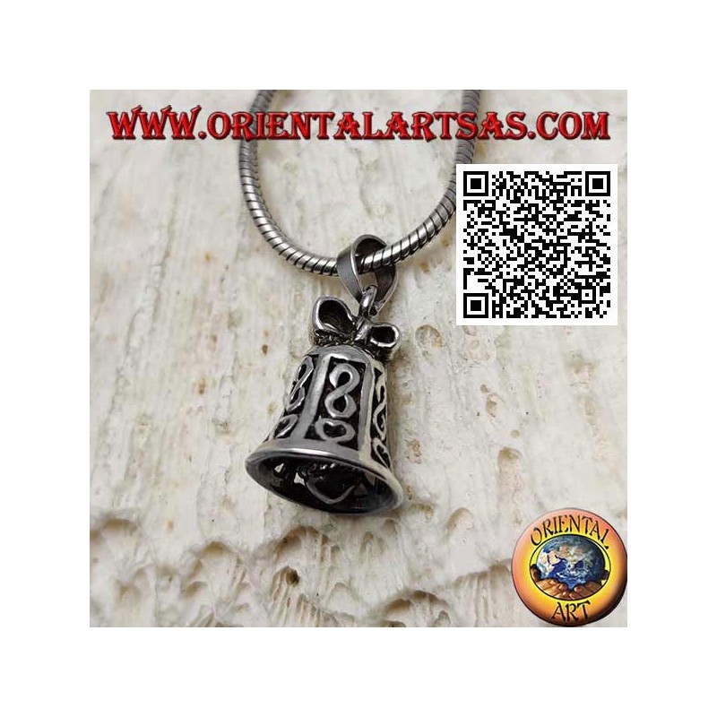 Silver pendant with openwork playable bell with infinity and heart