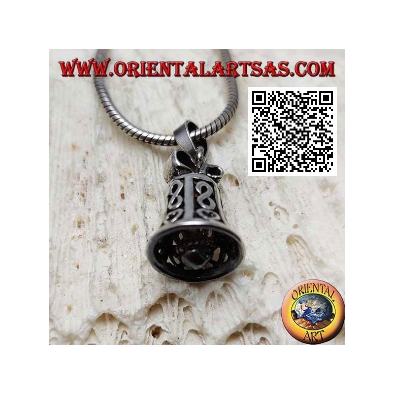 Silver pendant with openwork playable bell with infinity and heart