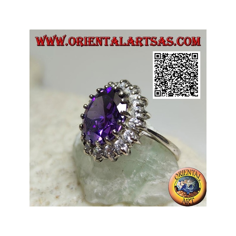 Bague en argent avec améthyste synthétique ovale facettée sertie de zircons blancs