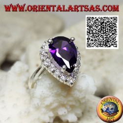 Silver ring with synthetic faceted drop amethyst set surrounded by white zircons