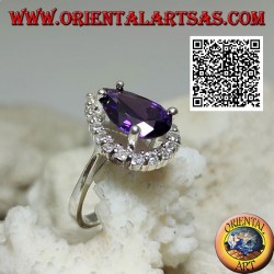 Silver ring with synthetic faceted drop amethyst set surrounded by white zircons